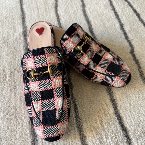 Gucci Shoes - Gucci Princetown Pink and Black Plaid mules with Gold Detail